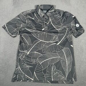 Straight Down Polo Shirt Mens Large Gray Leaf AOP Golf Performance Tropical Logo